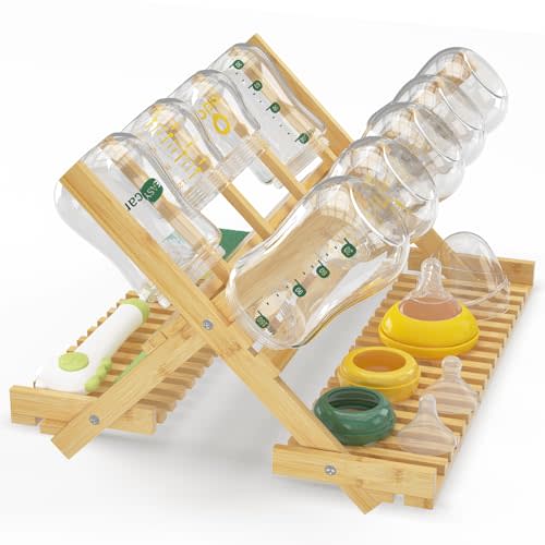 EsLuker.ly Baby Bottle Drying Rack, Bamboo Vertical Dryer Holder Organizer for Kitchen Countertop, Space Saving Foldable Baby Glass Milk Bottle Drain Storage Shelf for New Parents Family, No Assembly