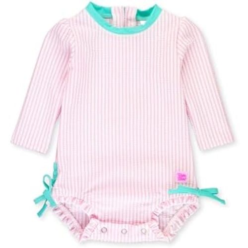 RuffleButts Baby-Girls Seersucker Long Sleeve Rash Guard - One Piece Swimsuit UPF 50+ Toddler