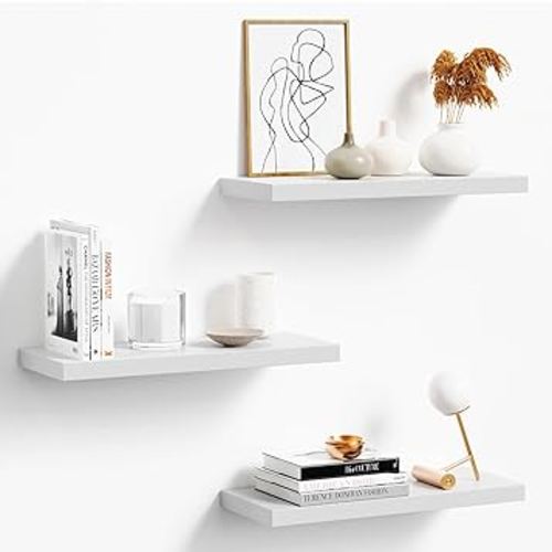 Floating Shelves, White Wood Wall Shelf Set of 3, 16" Wall Mounted