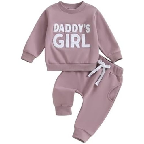 Kupretty Toddler Baby Girl Fall Winter Clothes Embroidered Letter Graphic Crewneck Sweatshirt + Joggers Pants Outfits Set
