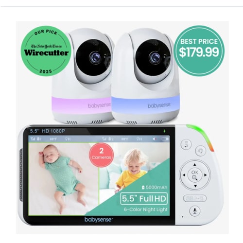 Babysense Max View: Video Baby Monitor with 2 Cameras, Split Screen, Non Wifi, Night Light & Sound Machine