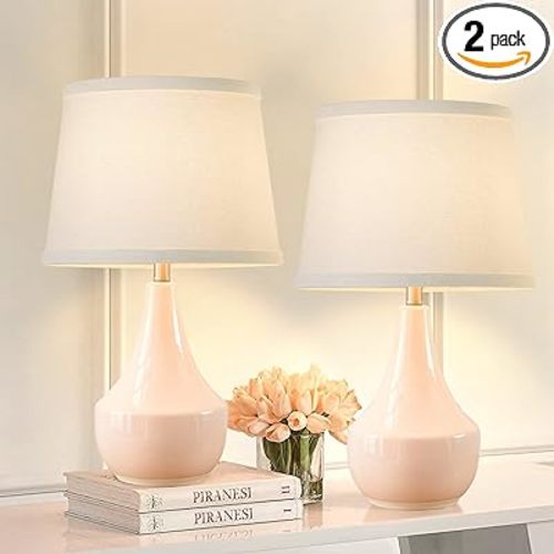 GyroVu 18" Table Lamp Set of 2, Ceramic Lamp Classic Beside Lamps Nightstand Lamp Modern Bedside Lamp for Living Room, Bedroom & Office Rocker Swtich Pink-LED Bulbs Included