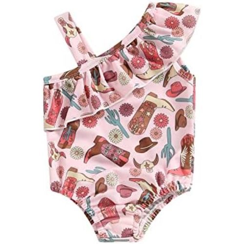 Western Toddler Baby Girl Swimsuit Cow Print Swimwear Ruffle One Piece Bathing Suit Cute Cowgirl Set