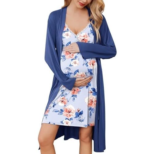 Ekouaer Womens Maternity Nursing Gown and Robe Set Labor Delivery Nuring Nightgowns for Hospital Breastfeeding Robes