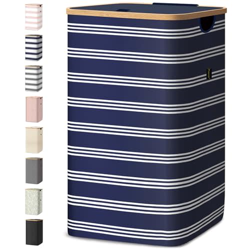 BALEINE Laundry Hamper with Lid, Tall Laundry Baskets with Bamboo Pull Handles, Large Laundry Bin with Internal Support (26 Gal/100L, Blue Pinstripe)