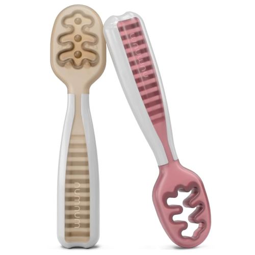 NumNum Baby Spoons Set, Baby Essentials Pre-Spoon GOOtensils for 6+ Months, First Stage Self-Feeding Spoons for Baby Led Weaning (BLW), Silicone Toddler Utensils, BPA-Free, 2 Pack Beige/Mauve