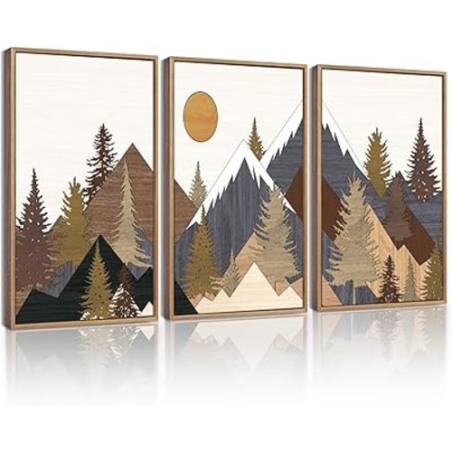 KUVIOKE Landscape Mountain Wall Art Set White Winter Sunrise Pine Tree Forest Nature Scenry Wilderness Farmhouse Rustic Modern Art Decorative for Living Room Bedroom 11x 14in (Natural Framed)