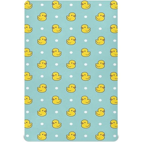 Cute Duck Crib Sheets Yellow Rubber Ducks Design Mattress Cover Funny Colorful Dots Blue Unisex Toddler Baby Bed Sheets Fitted Standard Crib Sheets for Boys Girl 28x52 Inch