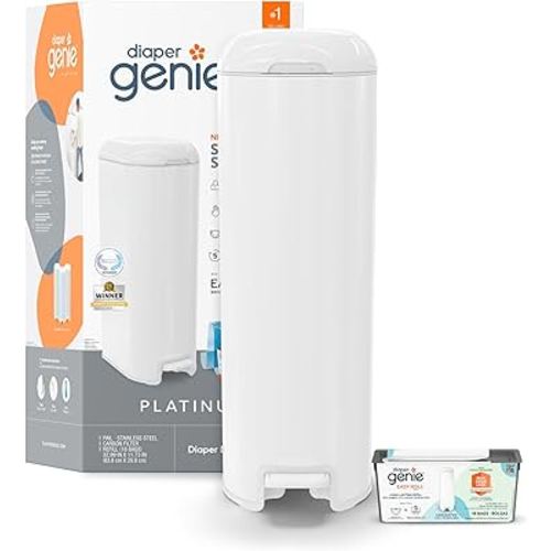 Diaper Genie Platinum Pail (Lilly White) is Made of Durable Stainless Steel and includes 1 Easy Roll Refill with 18 Bags That can Last up to 5 Months.