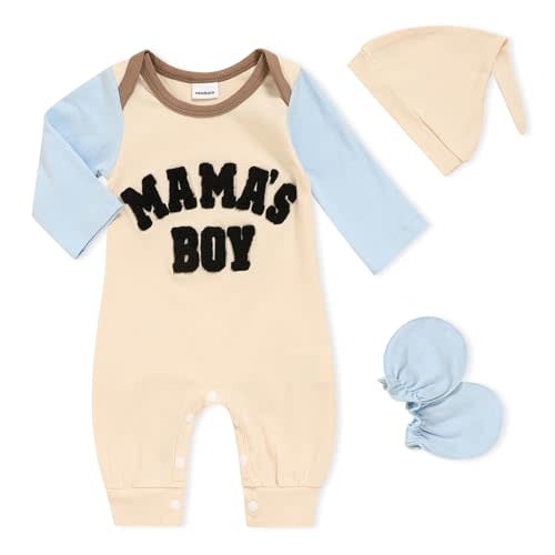 GRNSHTS Newborn Baby Boy Romper Coming Home Outfits Letter Print Bodysuit Jumpsuit+Hat+Gloves 3PCS Clothes Set