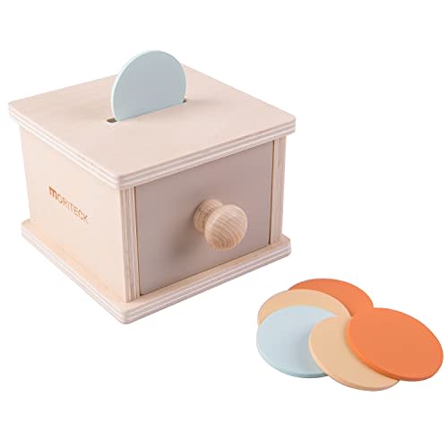 MORITECK Montessori Coin Box and Object Permanence, Wood Drawer with 3 Colors Coin Toy for 8-12 Months and up Baby, Infant Developmental Coin Drop Toy for Girls and Boys