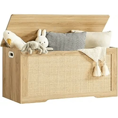 usikey 39.4” Storage Chest, Toy Box with 2 Safety Hinges, Rattan Storage Bench with Storage, Toy Chest for Bedroom, Shoe Bench, Supports 220 lb, for Living Room, Entryway, Natural