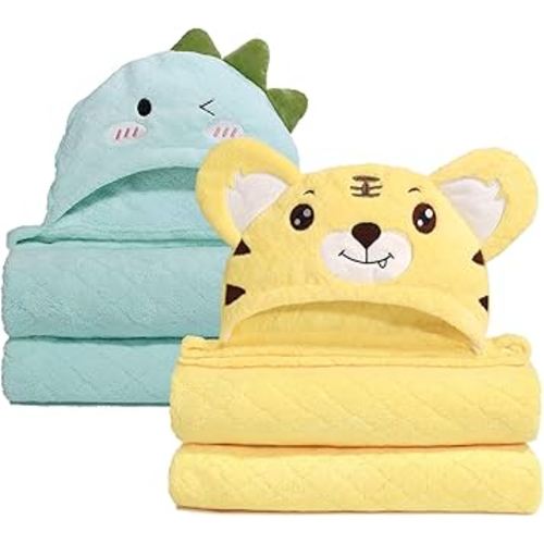 Extra Large Baby Bath Towels Hooded, 50 x 32 Inch Large Toddler Towel with Hood Set, Animal Face Hooded for Kids Boy&Girl, Yellow Tiger & Green Dinosaur