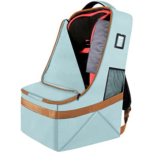 YOREPEK Car Seat Travel Bag, Padded Car Seat Bags for Air Travel, Carseat Travel Cover Backpack with Shoulder Straps, Large Gate Check Bag for Car Seats and Baby Travel Essential(Light Cyan)