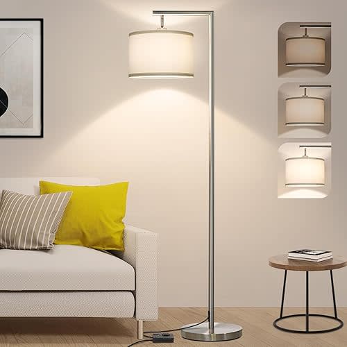 Boncoo Modern Floor Lamp for Bedroom, Dimmable Silver Floor Lamps for Living Room with Adjustable Shade, Tall Standing Lamp Nickel Finish Reading Light for Office Dorm Nursery, 9W LED Bulb Included