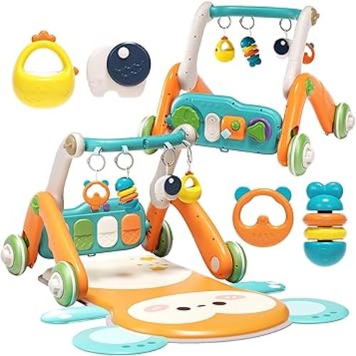 2 in 1 Baby Gym with Walker,Baby Play Mat with 5 Infant Learning Sensory,Double-Sided Multifunctional Removable Play Piano Panel,Sit-to-Stand Learning Walker for 0-24 Months Boy Girl [Orange]