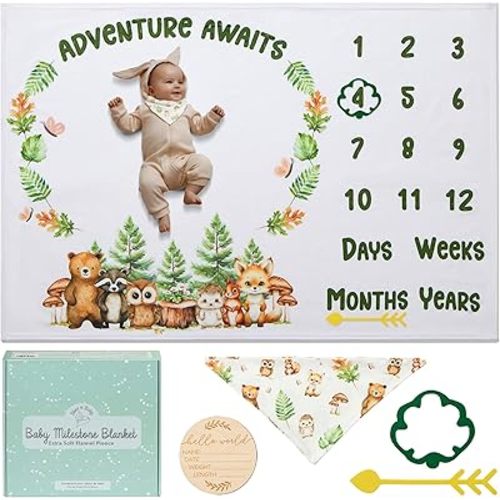 Bliss n' Baby Monthly Milestone Blanket for Baby Boys & Girls - 60"x40" - Wrinkle Free Newborn Blanket with Baby Announcement Sign, Bib & Frames - Washable & Dryable - Woodland Theme Photo Props