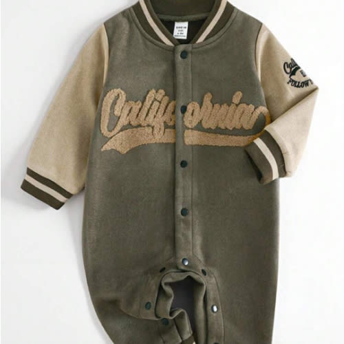 SHEIN Baby Boy California Letter Print Long Sleeve Single-Breasted Casual Jumpsuit, Winter Baby Boy Varsity Jacket Baby Boy Clothes Letterman Baby Jumpsuit Baby Boy Clothes Baby Boy Clothes Infant Fall Jumpsuit Baby Boy Jumpsuit 6M-3T