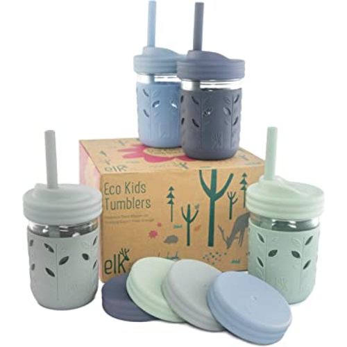 Elk and Friends Kids & Toddler Cups | The Original Glass Mason jars 8 oz with Silicone Straws with Stoppers | Smoothie Cups | Spill Proof Sippy Cups for Toddlers
