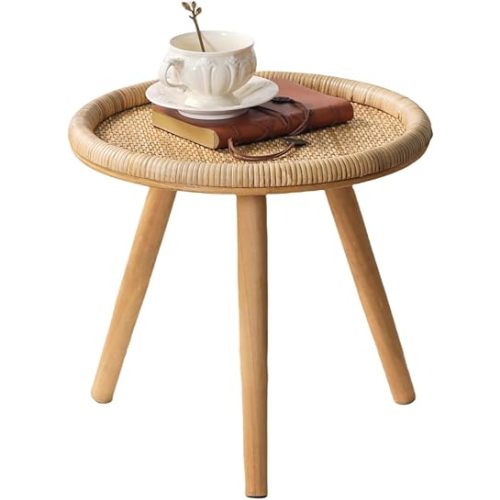 Rattan Round Coffee Table, Boho Circle Side Table End Table for Living Room, Small Mid Century Accent Table for Bedroom Balcony