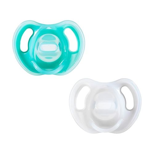 Tommee Tippee Ultra-Light Silicone Pacifier, 0-6 Months, Symmetrical One-Piece Design, BPA-Free Silicone Binkies, Blue/White, Pack of 2