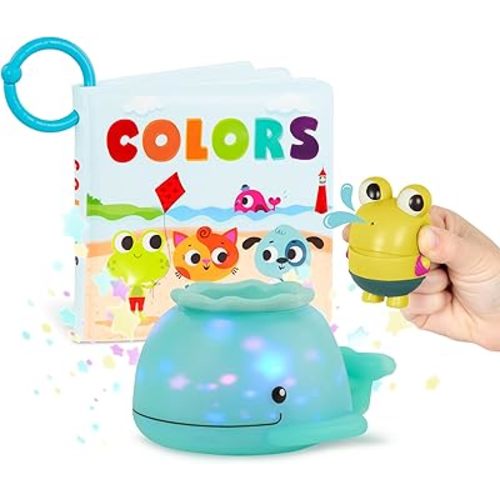 B. toys – Animal Bath Toys – Waterproof Bath Book – Light-up Whale & Frog Squirt – Bathtime Playset – 6 Months + – Glow & Splash, Tub Time Book