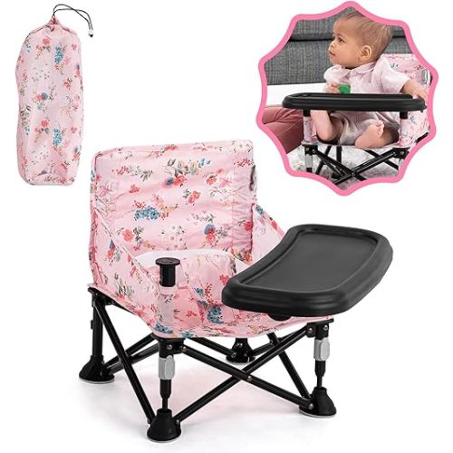 Portable Baby Chair Baby Beach Chair,Baby Camping Chair with Tray for Baby Girl,Design Straps to Kitchen Chairs,Indoor/Outdoor Use(Pink)