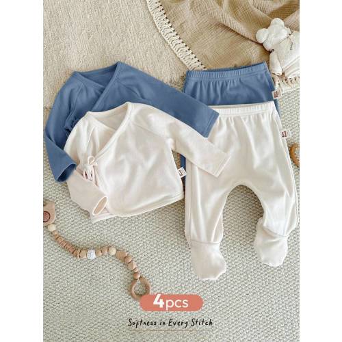 Cozy Pixies 4pcs Newborn Baby Boy/Girl Solid Color Knit Soft Round Neck Long Sleeve Top & Elastic Waist Long Pants Set Natural Baby Clothes Newborn Baby Sweats Baby Girl Sweat Pants Neutral Baby Clothes Unisex Bamboo Fiber Baby Clothes | SHEIN