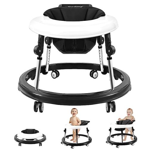 Baby Walker with Wheels, Activity Center with Mute Wheels Anti-Rollover, 5-Position Height Adjustable Foldable Baby Walker for Boys and Girls from 6-18 Months with Footrest… - Black