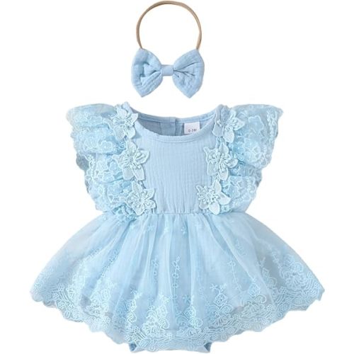 Karwuiio Newborn Baby Girl Romper Dress Short Sleeve Mesh Tutu Dress Baby Girls Lace Mesh Jumpsuits with Headband