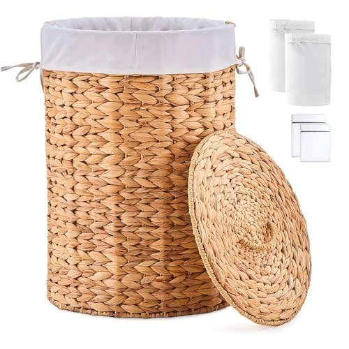 Round Water Hyacinth Laundry Hamper with Lid Handwoven Wicker Basket with Handles for Dirty Clothes, Storage, and Organization Ideal for Bedroom, Bathroom, and Laundry Room, No Assembly Required, 60L
