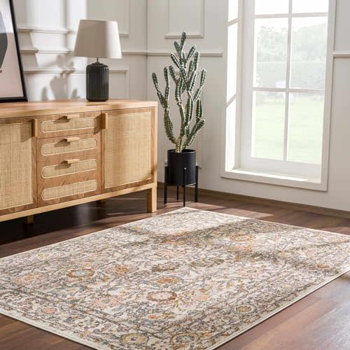 Hauteloom Herstmonceux Traditional Living Room Bedroom Soft Natural Area Rug - Oriental Floral Farmhouse Carpet - Boho, Modern Vintage - Cream, Pink, Salmon, Orange, Brown - 6'7" x 9'