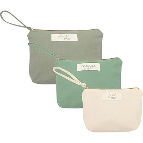 Pearhead Baby Diaper Bag Organizing Pouch Set – Feed Me, Change Me, Dress Me – Zip Pouches Made from Recycled Cotton, Gender Neutral Diaper Bag Accessories and Baby Essentials Organizer - Set of 3