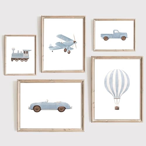 Boy Nursery Wall Art Boys Room Wall Decor Kids Toddler Canvas Wall Art Vintage Car Poster Blue Train Art Pictures Watercolor Vehicle Prints for Boys Bedroom Nursery 12x16x5 Inch Unframed