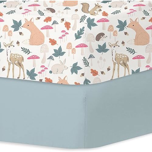 Little Grape Land Crib Sheets for Boys Girls, 2 Pack Crib Sheets Fitted Size 28"x 52" for Standard Crib and Toddler Mattresses, Soft Breathable Microfiber, Forest Friends/Misty Blue