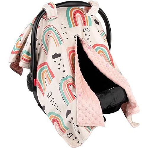 Top Tots Deluxe Minky Baby Car Seat Cover - Boho Rainbow, 40 x 29 Inch Peach