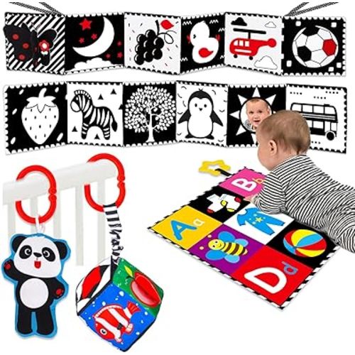 4 PCS Black and White High Contrast Baby Toys 0-3-6 Months Newborn Essential Montessori Toy for Babies Crinkle Sensory Book Brain Development Tummy Time Mirror Infant Carseat Rattle Easter Shower Gift