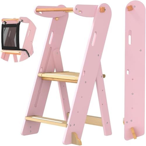 GROWNSY Foldable Step Stool Toddler Tower, Toddler Kitchen Stool Helper, Collapsible Kids Standing Tower with 3 Adjustable Heights and Safety Net for Kitchen Bathroom Sink Counter (Light Pink)