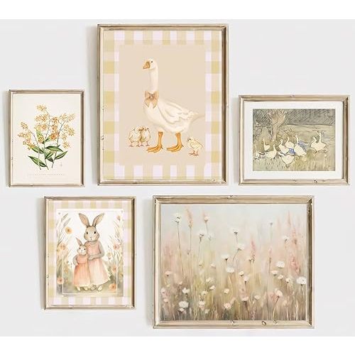 ONEOLTN Nursery Wall Art Girl Vintage Baby Girl Room Pictures Floral Goose Art Canvas Prints Bunny Poster Vintage Nursery Rabbit Artwork for Kids Girl Room Bedroom Decor 8x10x5 Inch Unframed