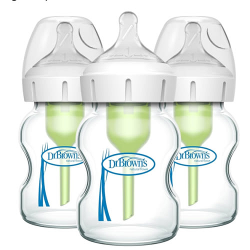 Dr. Brown's Natural Flow Anti-Colic Options+ Wide-Neck Glass Baby Bottles 5 oz/150 mL, with Level 1 Slow Flow Nipple, 3 Pack, 0m+