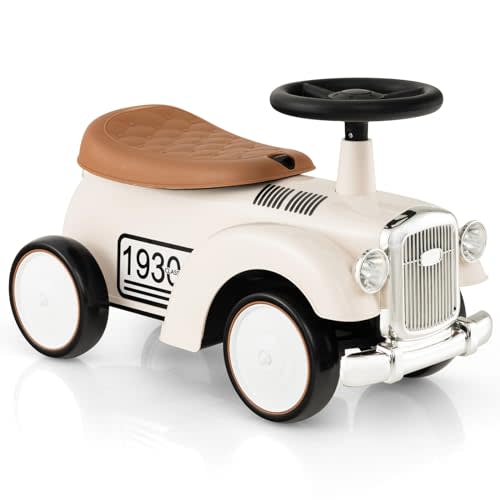 HONEY JOY Ride On Push Car, Outdoor Toddler Riding Toys w/Steering Wheel, Horn & Storage, Foot-to-Floor Sliding Car, No Batteries, Retro Baby Ride On Toys for Boys and Girls (White)