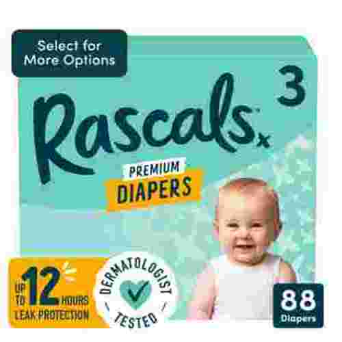 Rascals Premium Night Time Baby Diapers, Size 3, 88 Count