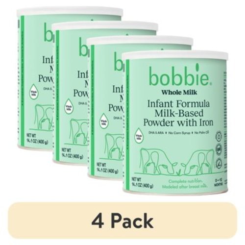 (4 pack) Bobbie Whole Milk Infant Formula, Milk-Based Powder with Iron, Grass-Fed, 14.1 oz