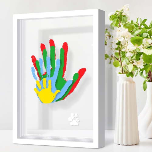 Family Handprint Kit DIY Craft Keepsake Wooden Frame Non Toxic Paints Transparent Sheets Perfect for Handprints Prints and Footprints Endless Present Set for New Parents and Family Memories (White)