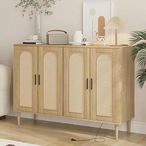 Rattan Sideboard Buffet Cabinet, 4 Doors Accent Storage Cabinet, Console Table Coffee Bar with Power Outlet, Adjustable Shelves for Kitchen, Dining Room, Hallway, Living Room (Natural)