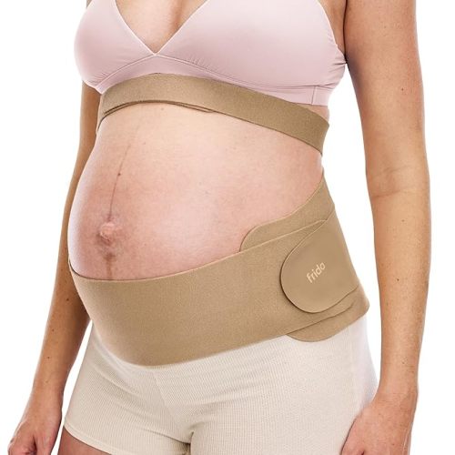 Frida Mom Dual Support Pregnancy Belly Band S/M, Maternity Belly Band with Ultimate Support Back, Hip & Pelvic, Adjustable, Lightweight, Breathable & Comfy, Supports Bump as Baby Grows, Clay