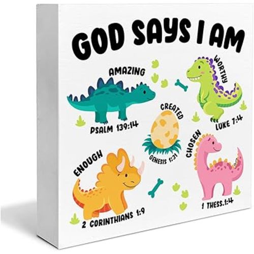 Bible Verse Wooden Box Sign Christian Home Nursery Decor God Says I Am Scriptures Dinosaur Wood Sign Desk Decoration Dino Wood Block Plaque Box Sign 5 x 5 Inches