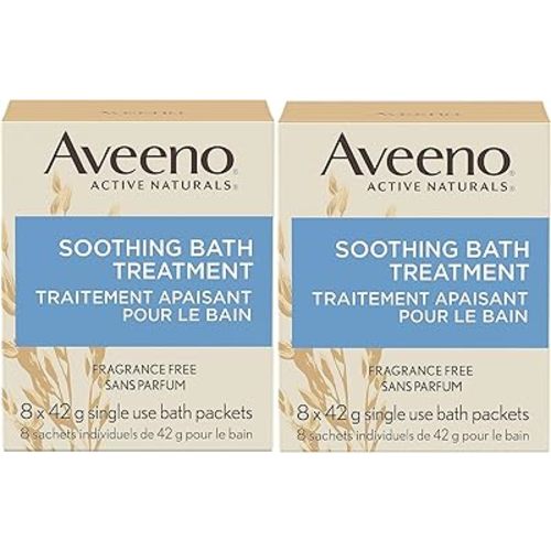 Aveeno Fragrance Free Soothing Bath Treatment, 100% Natural Colloidal Oatmeal, Sensitive Skin Bath Soak for Relief of Dry, Itchy, Irritated Skin Due to Eczema & Hives, Bath Packets, 8 ct. (Pack of 2)