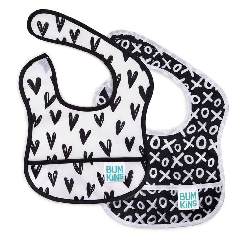 Bumkins Bibs, for Baby Girl or Boy, Infant 3-9 Months, Essential Must Have for Eating, Feeding, Baby Led Weaning, Mess Saving Waterproof Soft Fabric, Starter Bib 2-pk Hearts, XOXO Black and White