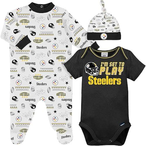 Gerber NFL Pittsburgh Steelers 3 Pack Bodysuit Sleep n Play Footie Cap, 0-3M